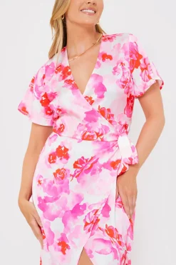 Short Sleeve Satin Wrap Belted Midaxi Dress