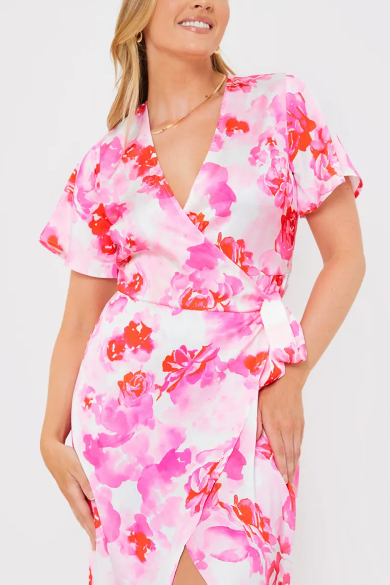 Short Sleeve Satin Wrap Belted Midaxi Dress