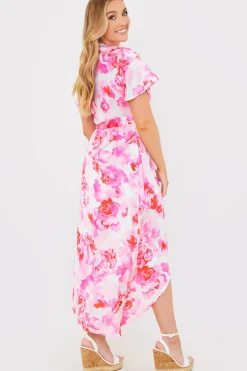 Short Sleeve Satin Wrap Belted Midaxi Dress