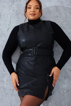 Sleeveless Belted Leather Look Dress