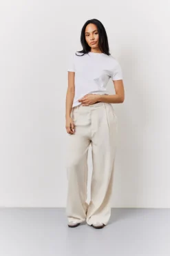 Stone Linen Blend Tailored Wide Leg Trouser