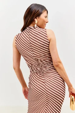 Stripe Printed Mesh Bodycon Midaxi Dress