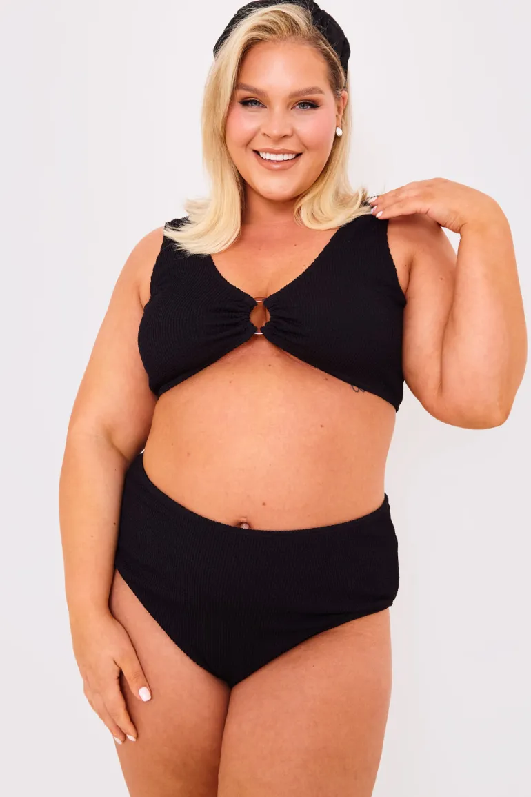 Textured Crinkle Scoop Neck Ring Detail Bikini Top