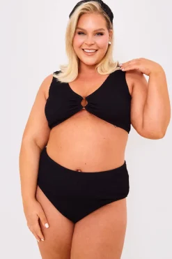 Textured Crinkle Scoop Neck Ring Detail Bikini Top
