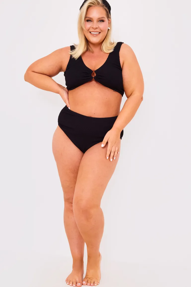 Textured Crinkle Scoop Neck Ring Detail Bikini Top