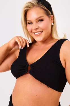 Textured Crinkle Scoop Neck Ring Detail Bikini Top