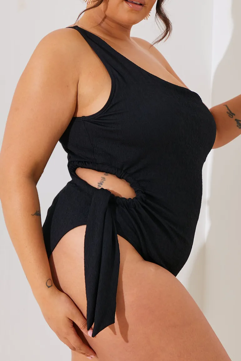 Textured Cut Out Side Detail One Shoulder Swimsuit