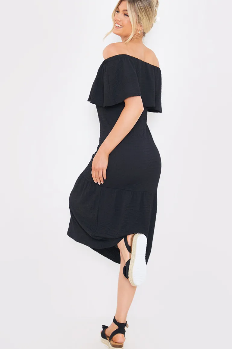 Textured Frill Bardot Midi Dress
