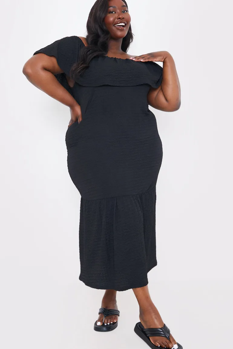 Textured Frill Bardot Midi Dress