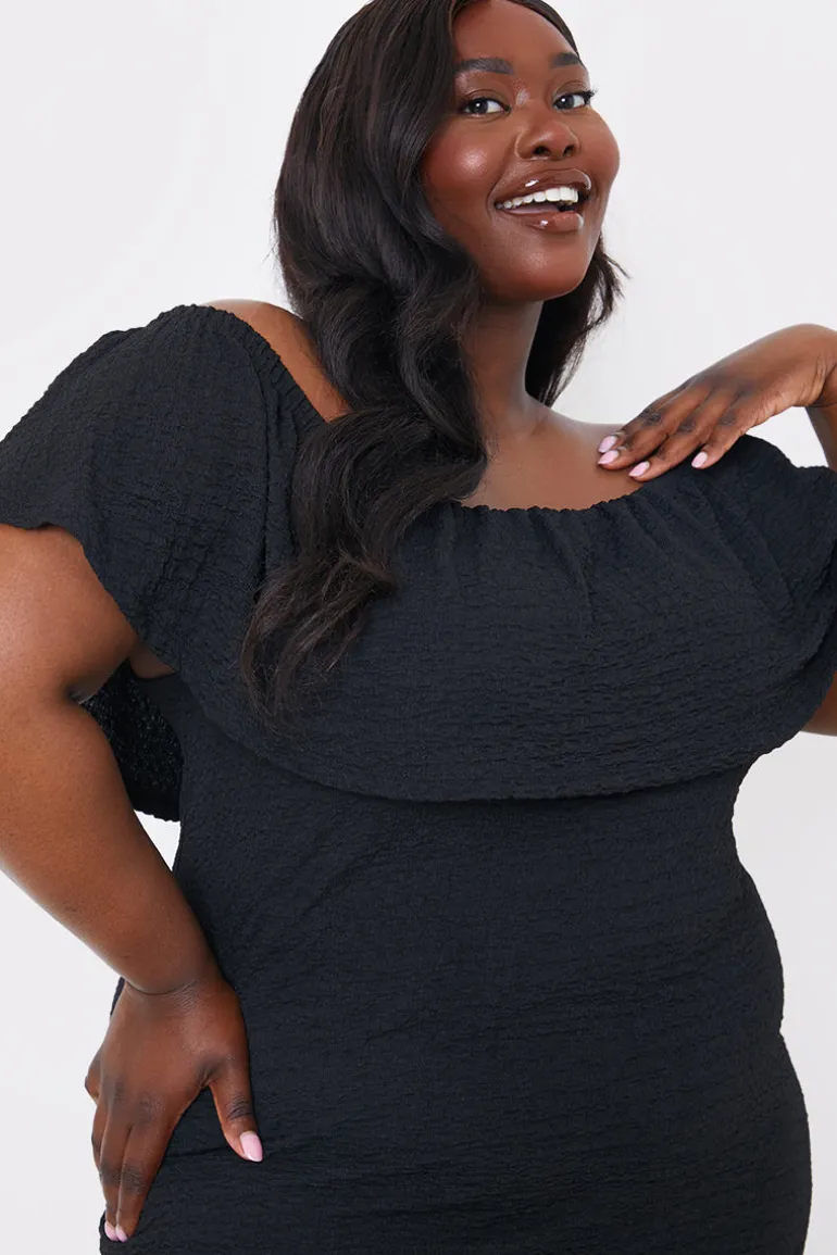 Textured Frill Bardot Midi Dress