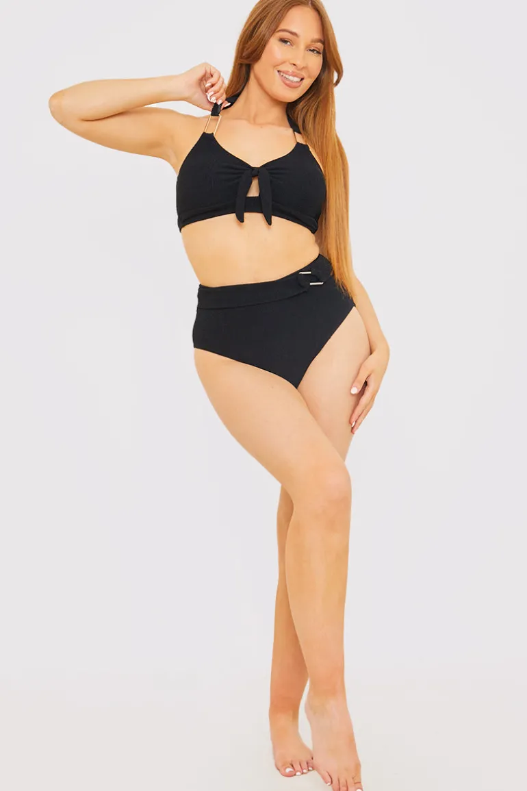 Textured Gold Bar Detail Halter Neck Bikini Top