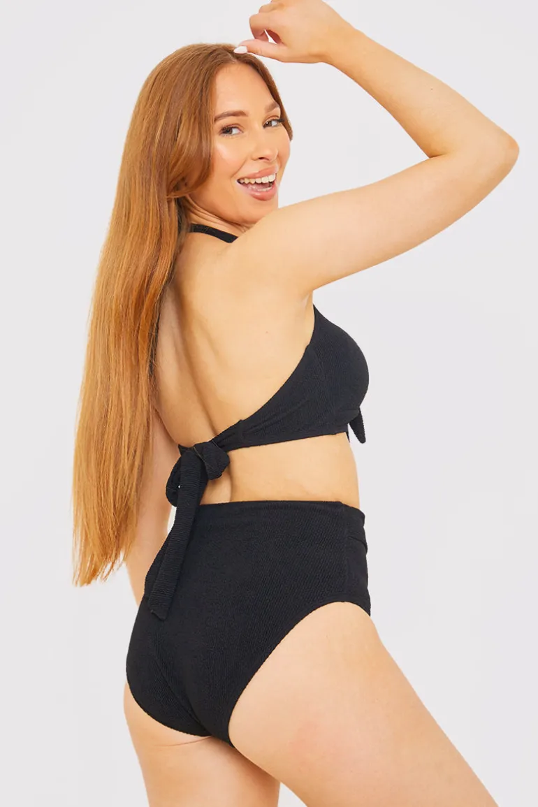 Textured Gold Bar Detail Halter Neck Bikini Top