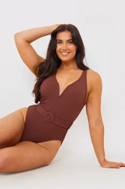 Textured Sweetheart Neckline Belted Swimsuit