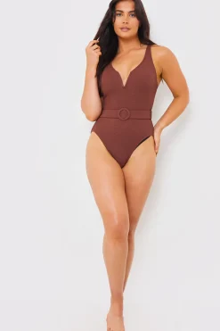 Textured Sweetheart Neckline Belted Swimsuit