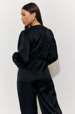 Twist Front Detail Wide Leg Satin Jumpsuit