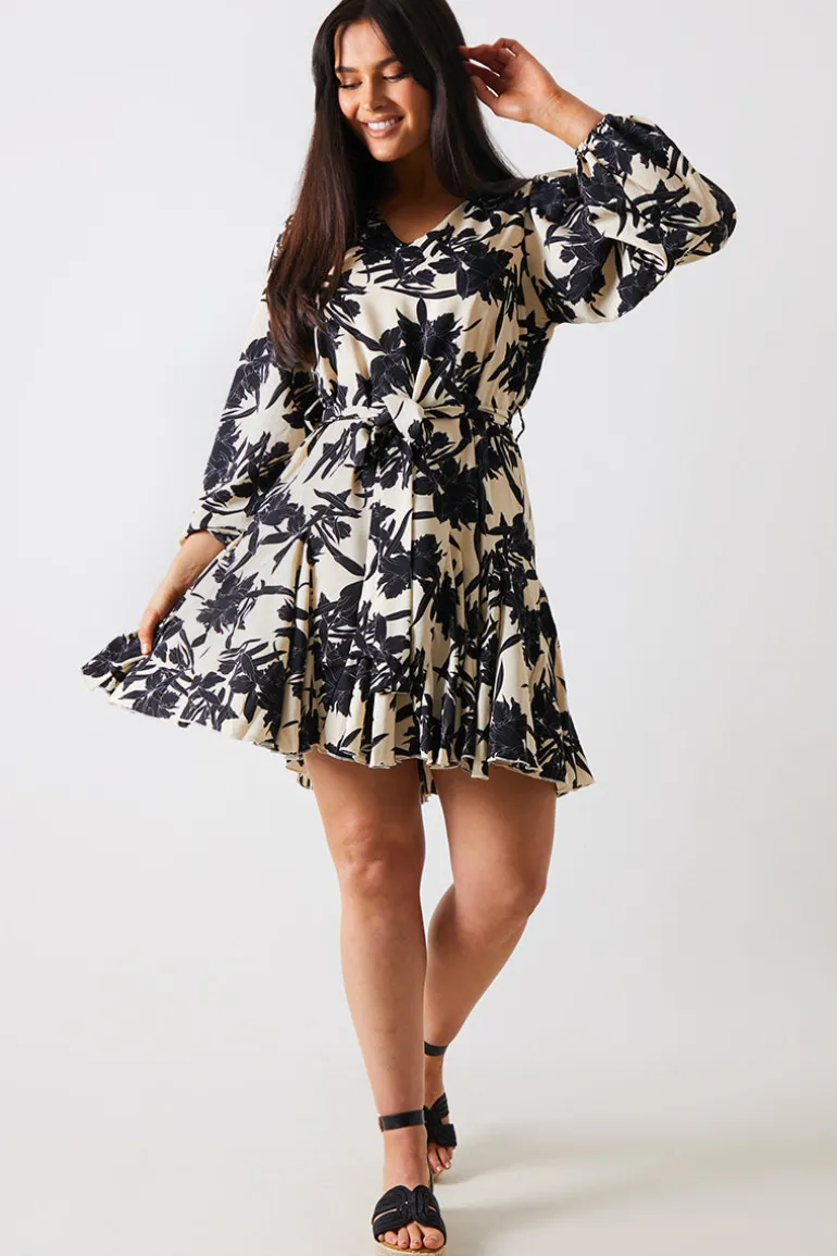 V Neck Balloon Sleeve Godet Mini Dress