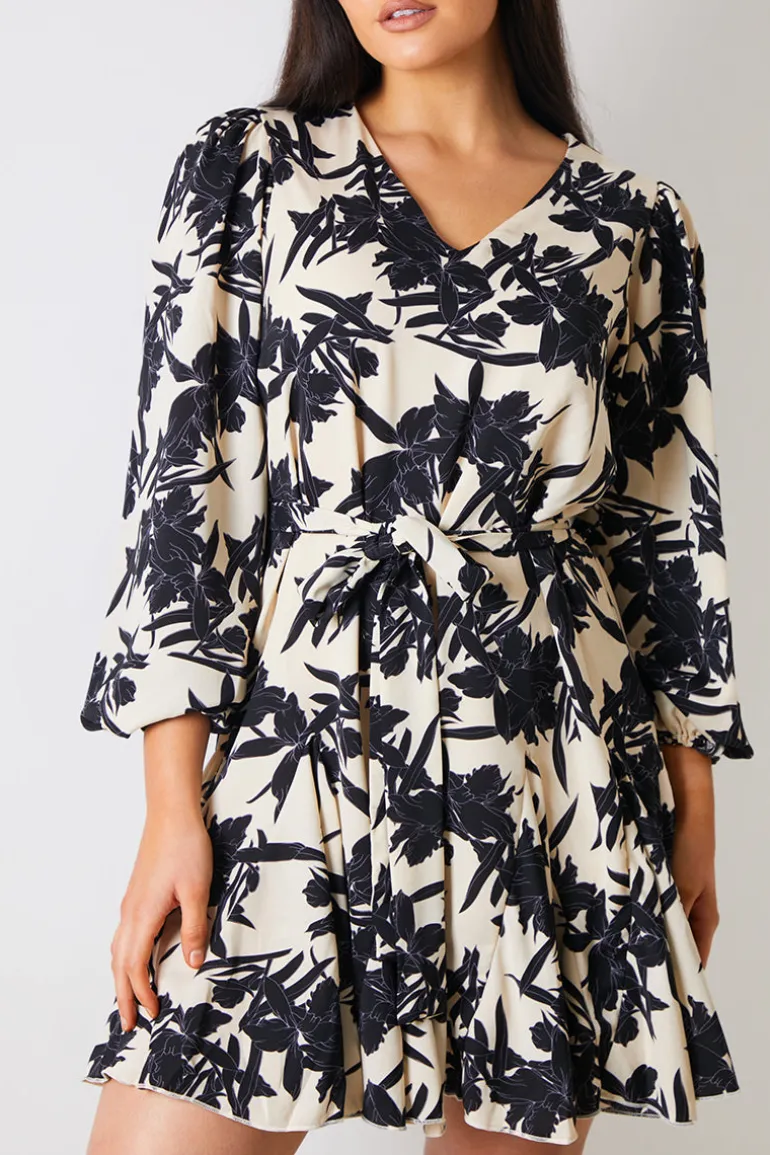 V Neck Balloon Sleeve Godet Mini Dress