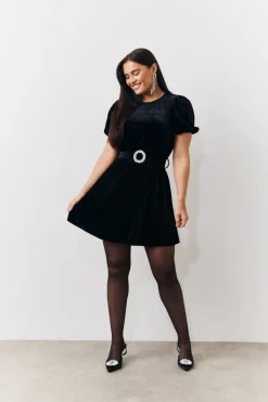 Velvet Embellished Belt Mini Dress