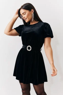 Velvet Embellished Belt Mini Dress
