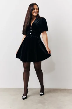 Velvet Mini Dress with Embellished Buttons
