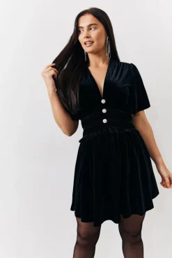 Velvet Mini Dress with Embellished Buttons