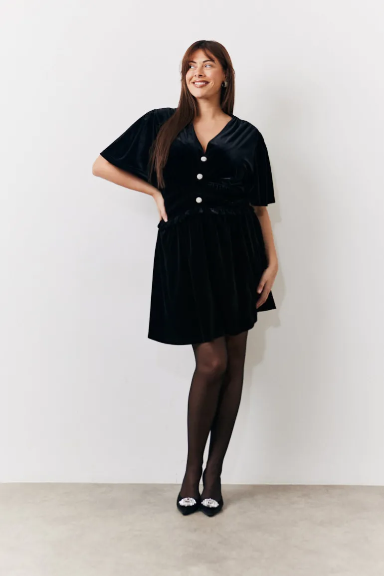 Velvet Mini Dress with Embellished Buttons