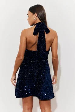 Velvet Sequin Tie Back Detail Mini Dress