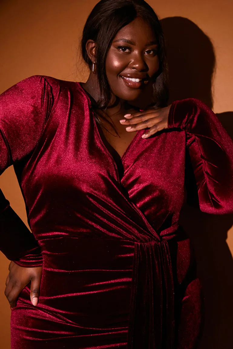 Velvet Wrap Front Drape Midi Dress