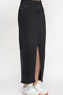 Washed Split Detail Denim Maxi Skirt