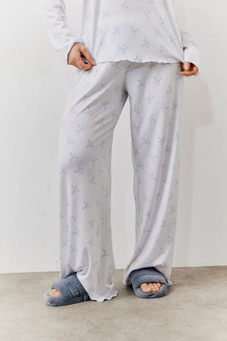 White Bow Print Long Sleeve Top and Trouser PJ Set