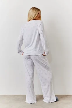 White Bow Print Long Sleeve Top and Trouser PJ Set