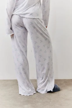 White Bow Print Long Sleeve Top and Trouser PJ Set