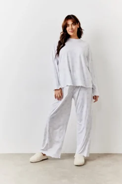 White Bow Print Long Sleeve Top and Trouser PJ Set