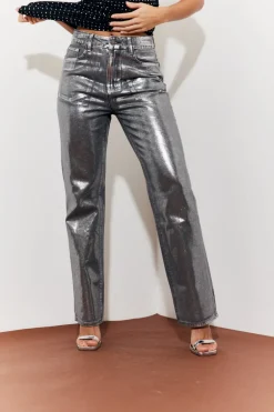 Wide Leg Silver Foil High Waisted Jeans