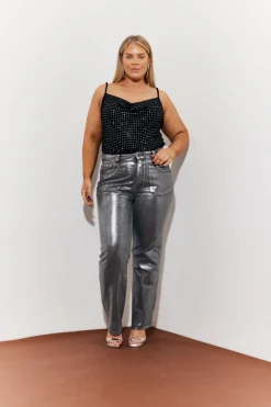Wide Leg Silver Foil High Waisted Jeans