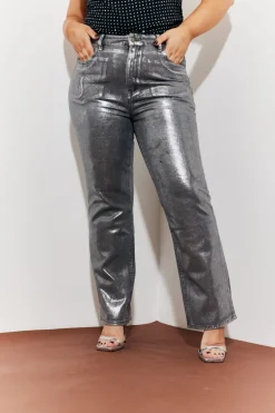 Wide Leg Silver Foil High Waisted Jeans