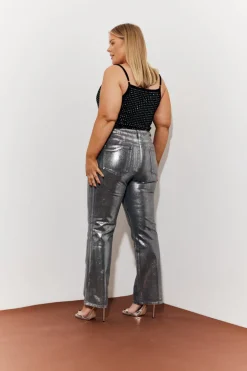 Wide Leg Silver Foil High Waisted Jeans