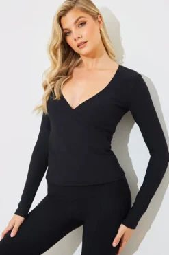 Wrap Front Rib Long Sleeve Top