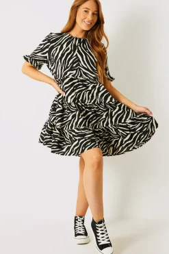 Zebra Smock Dress With Frill Sleeve