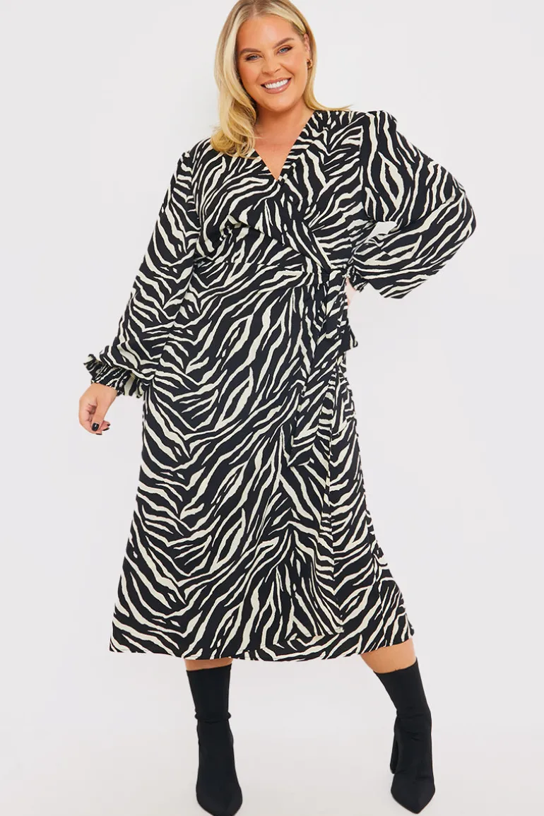 Zebra Woven Printed Wrap Midi Dress
